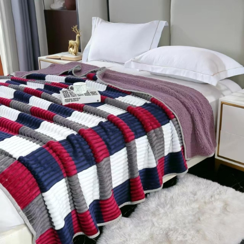 Sherpa VS Fleece Blanket with Printed Stripe Pattern